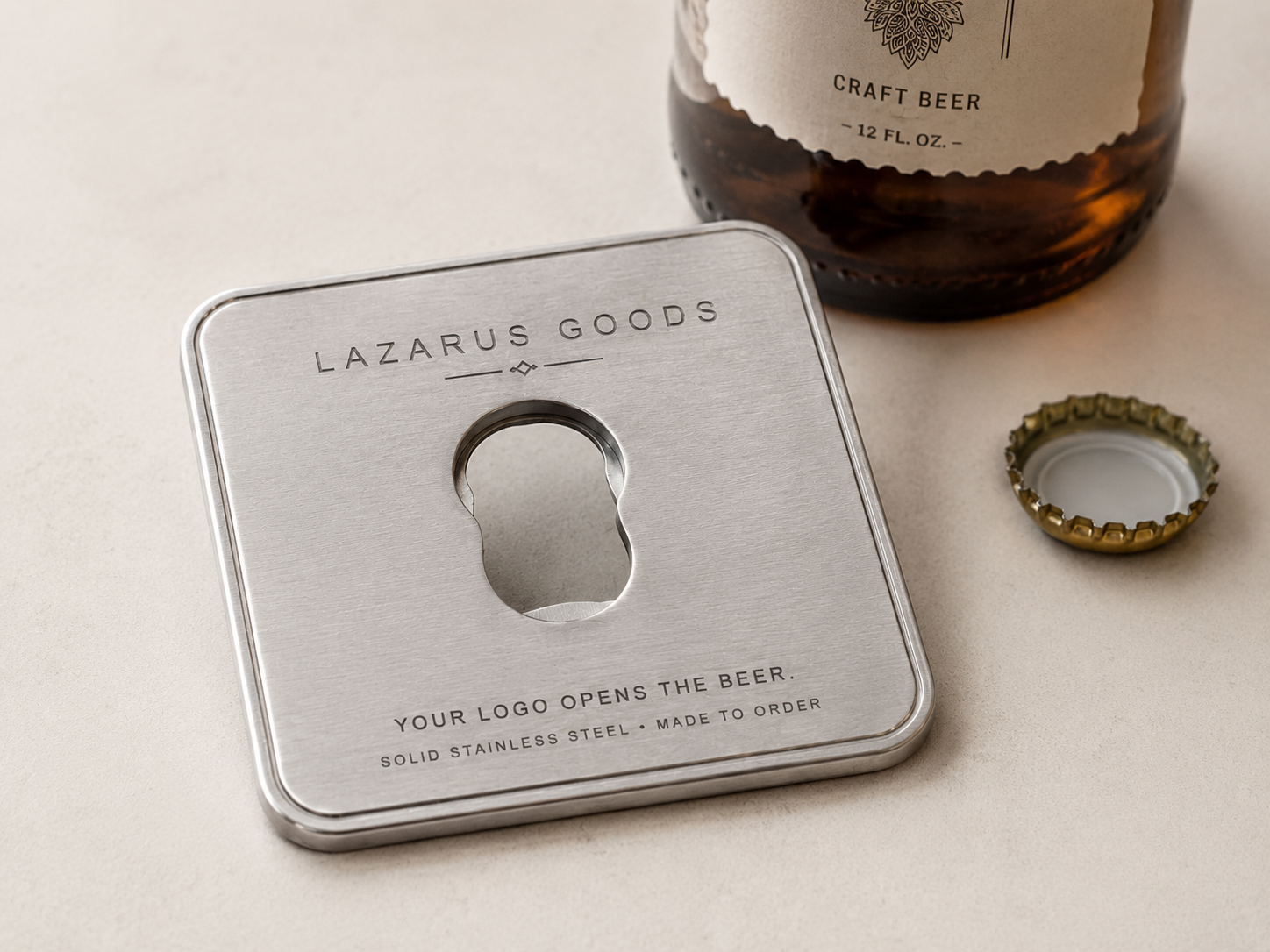 Stainless steel coaster with a logo-shaped bottle opener cut through the center
